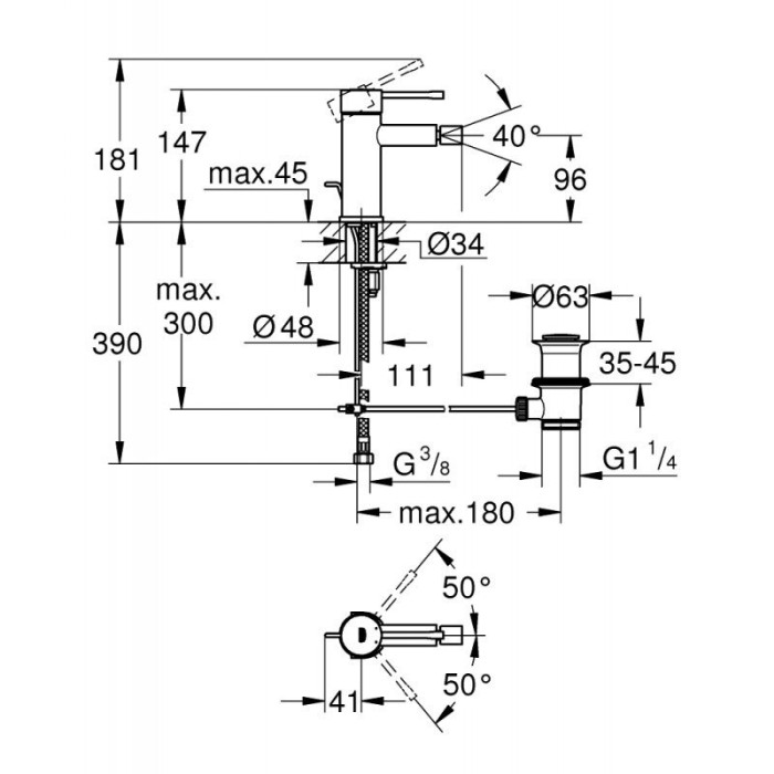 Bidė maišytuvas su dugno vožtuva GROHE Essence, S-dydis, 24395KF1