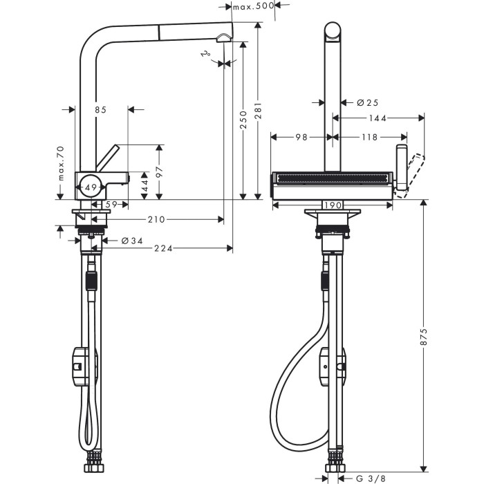 Смеситель для кухни (мойки) с выдвижным шлангом HANSGROHE Aquno Select M81, 73830800