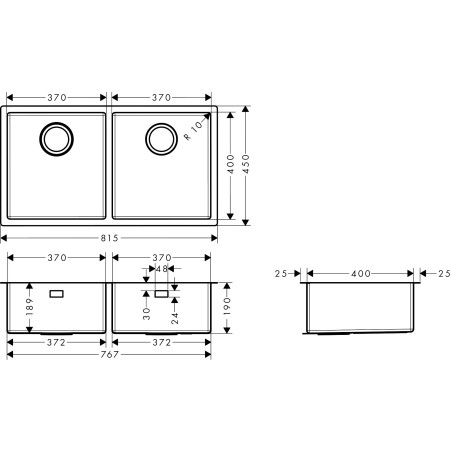 Nerudijančio plieno plautuvė HANSGROHE 815 x 450 mm, 43430800