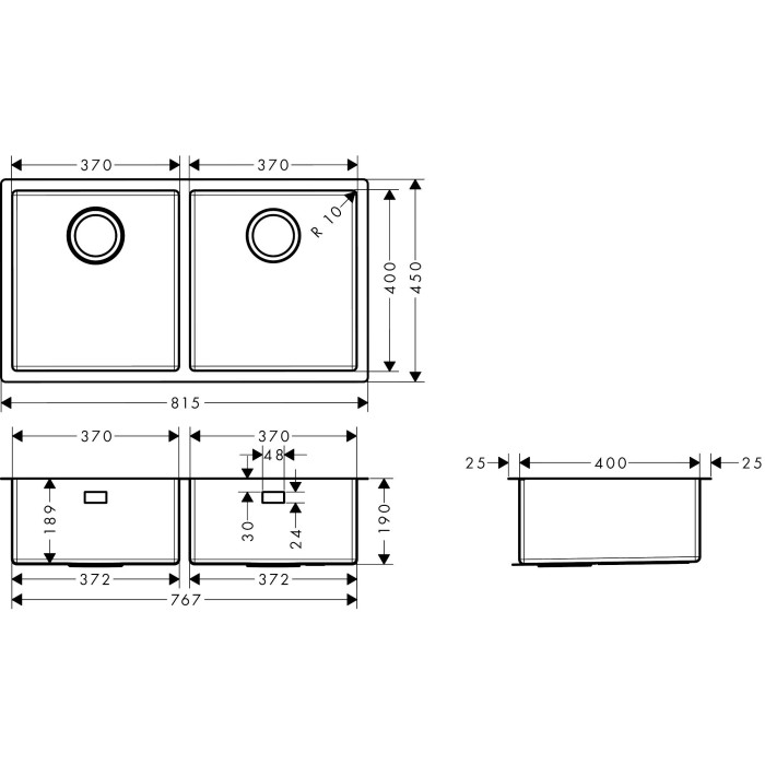 Roostevabast terasest valamu HANSGROHE 815 x 450 mm, 43430800