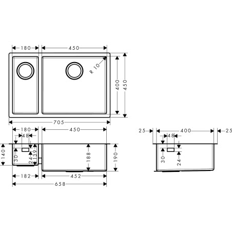 Nerūsējošā tērauda izlietne HANSGROHE 705 x 450 mm, 43429800