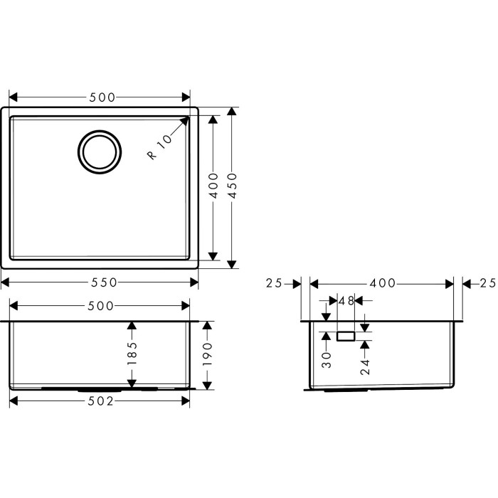 Nerudijančio plieno plautuvė HANSGROHE 550 x 500 mm, 43427800