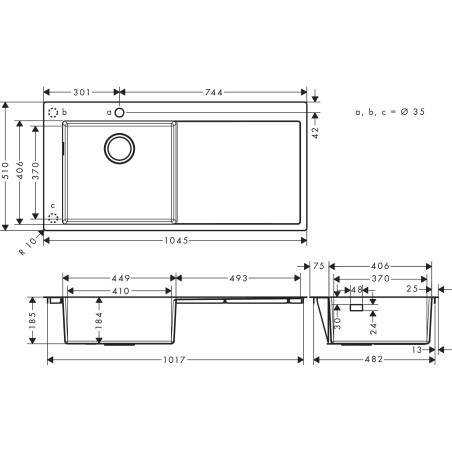 Мойка из нержавеющей стали HANSGROHE 1045 x 510 мм, правая, 43331800