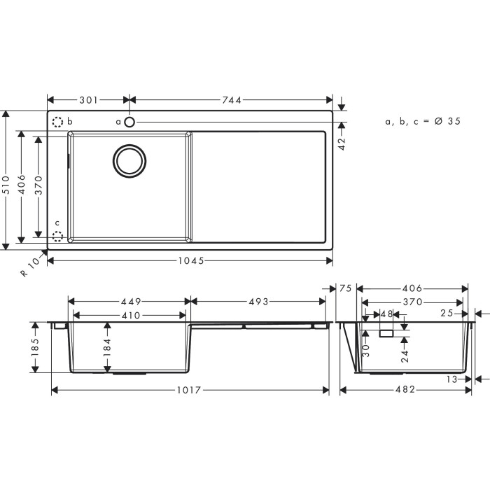 Roostevabast terasest valamu HANSGROHE 1045 x 510 mm, paremal, 43331800