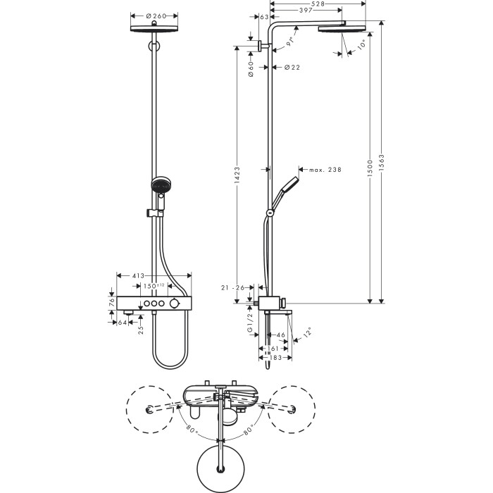 Termostaatiline nokaga vihmadušisüsteem vannile HANSGROHE Pulsify S 260 1 jet, 24230000