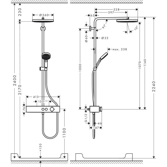 Termostatinė lietaus dušo sistema HANSGROHE Pulsify S 260 1 jet EcoSmart, 224221000
