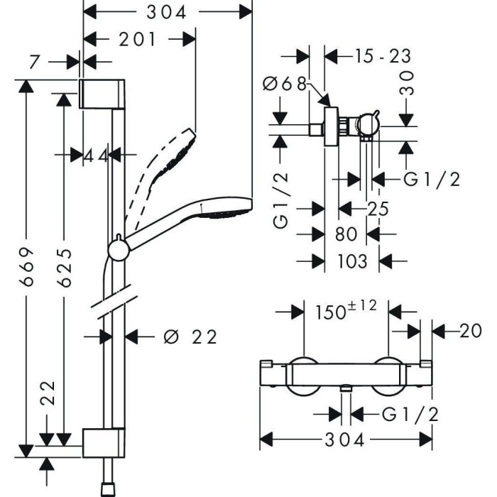 Termostata dušas jaucējkrāns ar 95,9 cm dušas statīvu HANSGROHE Croma Select S, 27014400