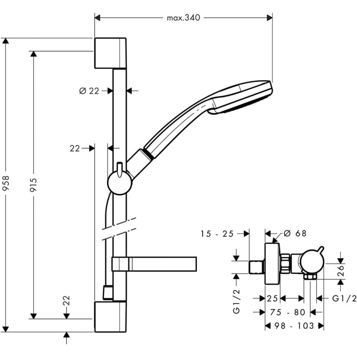Termostaatdušiga kraan 95,8 cm dušialustega HANSGROHE Croma 100, 27035000