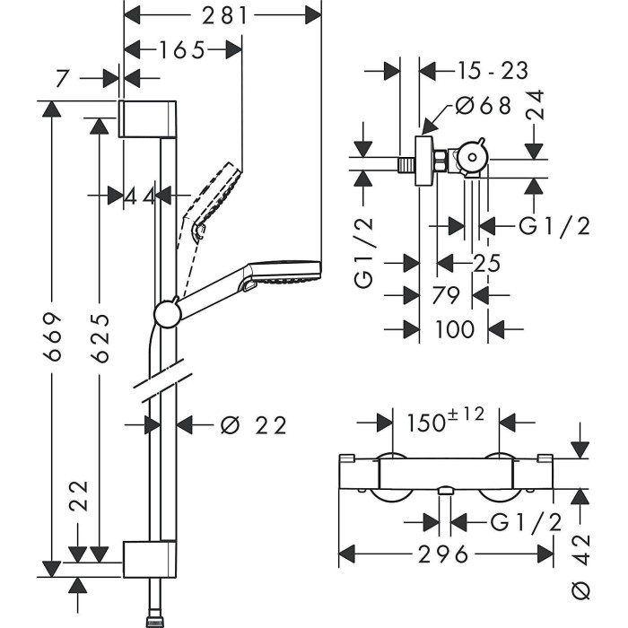 Termostata dušas jaucējkrāns ar 66,9 cm dušas statīvu HANSGROHE Crometta, 27812400