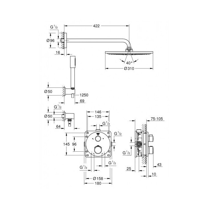 Seina termostaatdušikomplektid GROHE Grohtherm Rainshower Cosmopolitan 310, 34731000