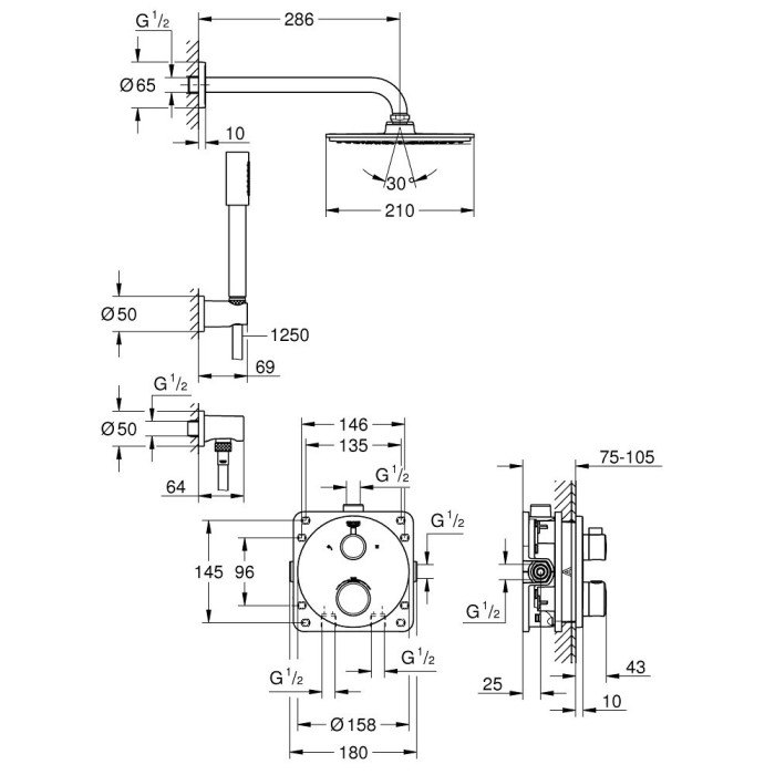 Seina termostaatduši komplekt GROHE Grohtherm Rainshower Cosmopolitan 210, 34732000