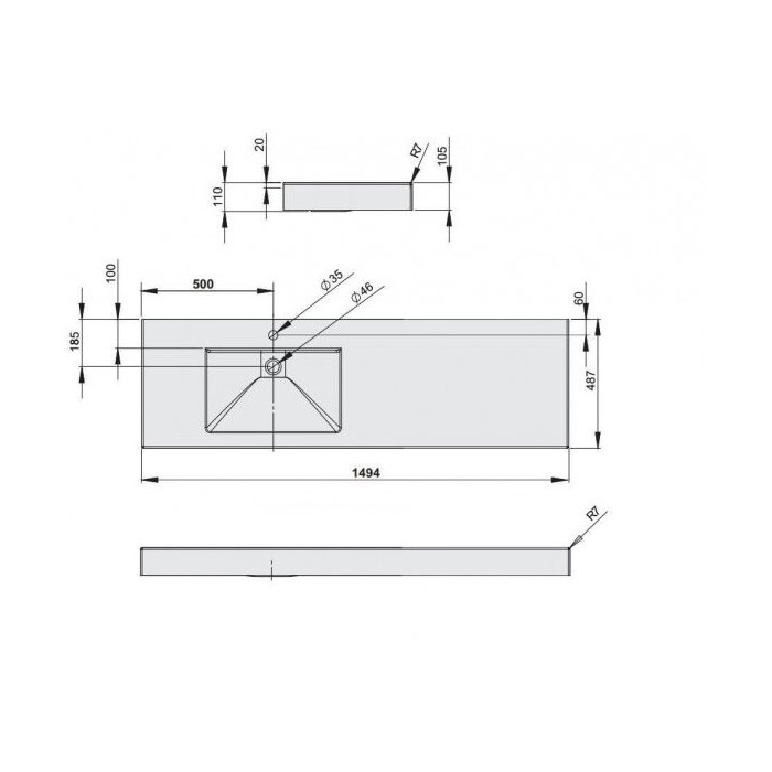 Stoneware washbasin PAA Long Step, 1500 x 490 mm, ILS1500/K/00