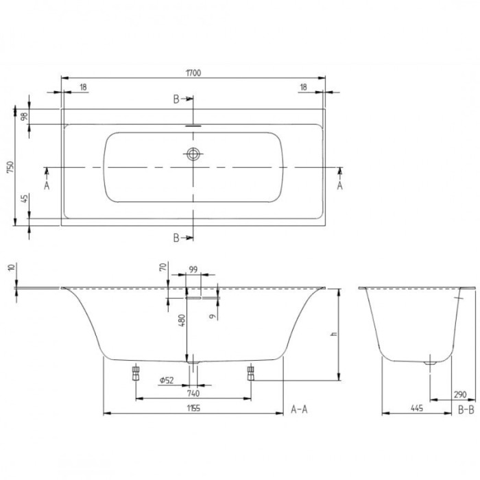 Taisnstūra vanna VILLEROY & BOSH Subway 3.0 Duo 750 x 1700 mm, UBQ170SBW2DV-01