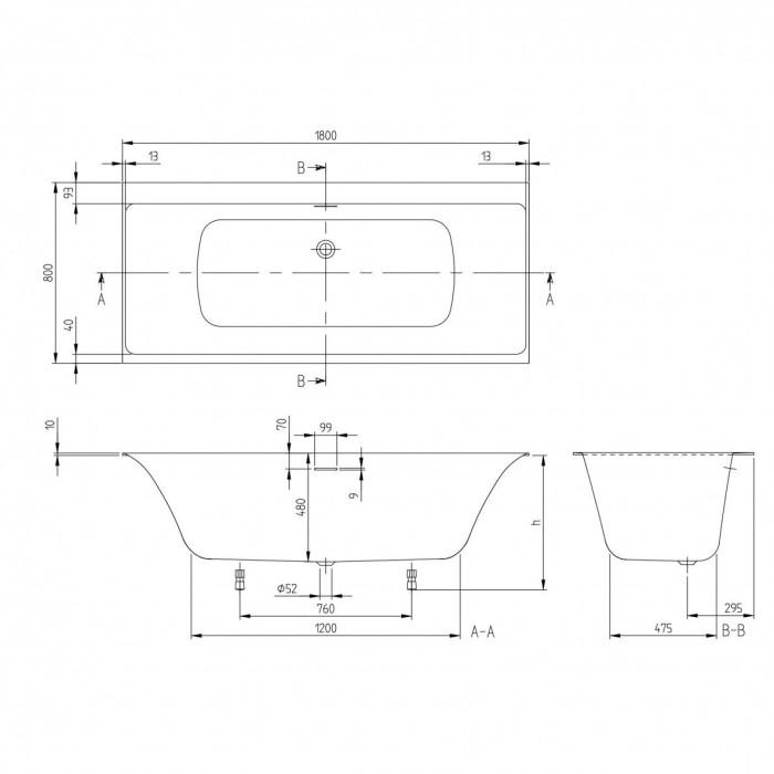 Rectangular bathtub VILLEROY & BOSH Subway 3.0 Duo 800 x 1800 mm, UBQ180SBW2DV01
