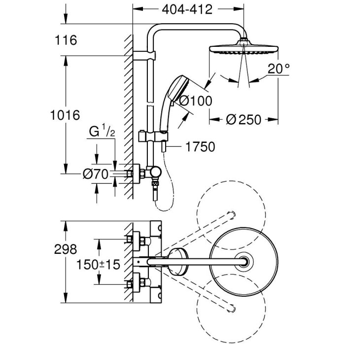 Superstructure shower sets GROHE Tempesta Cosmopolitan 250, 26670000