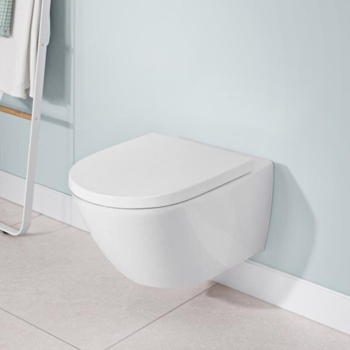 Seina sisse WC raam (4 in 1 harjatud kroom) on WC-komplekt villeroy & BOCH Subway 3.0 Twist flush aeglase sulgemiskattega 
