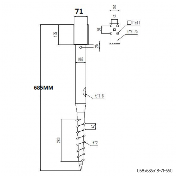 Skrūvpāļi ar plāksni U70 (100) x 800 mm