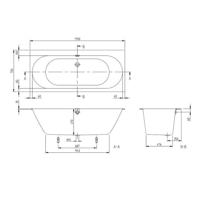 Rectangular bathtub VILLEROY & BOSH Oberon 2.0 of Quaryl material 750 x 1700 mm