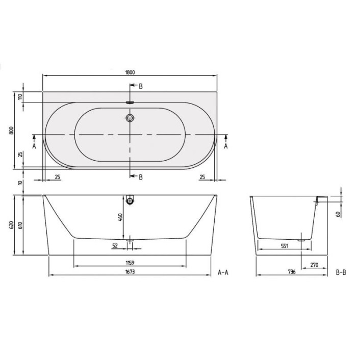 Ristkülikukujuline vann vastu seina VILLEROY & BOSH Oberon 2.0 kvarüülmaterjalist 800 x 1800 mm