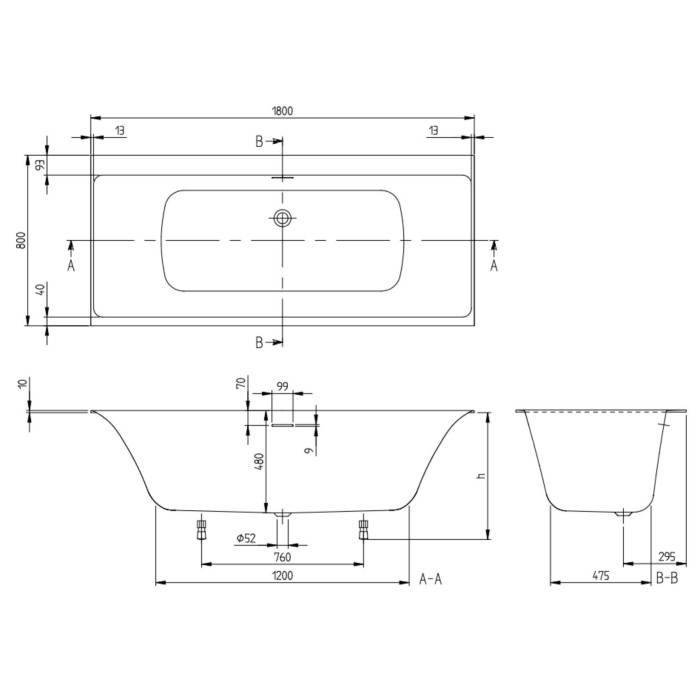 Ristkülikukujuline vann vaikse sifooniga VILLEROY & BOSH Subway 3.0 kvarüülmaterjalist 800 x 1800 mm