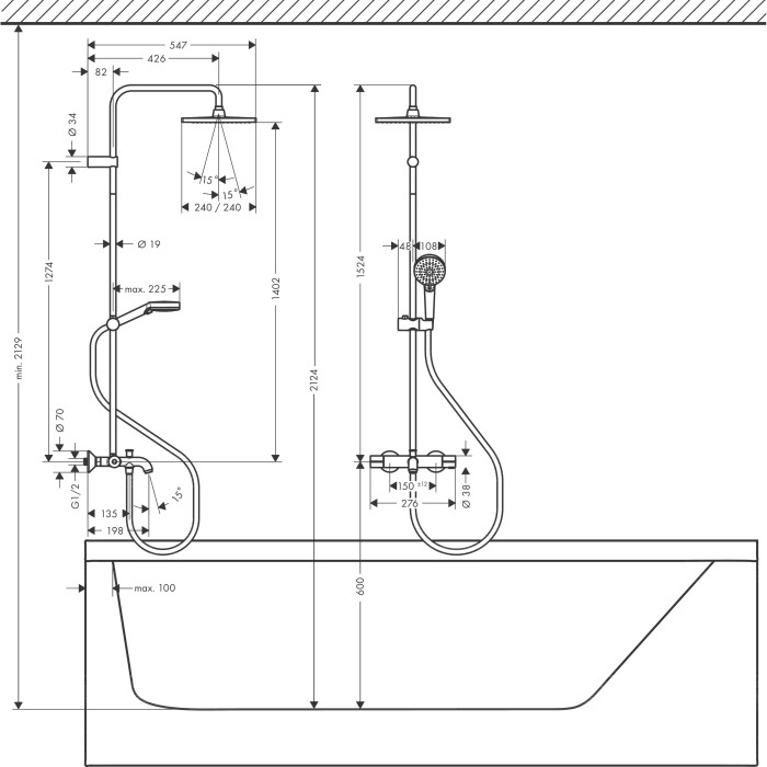 Termostata dušas sistēma ar knābi vannai HANSGROHE Vernis Shape 230, 26098000