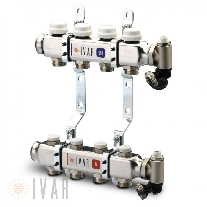 Reguleeritav põrandaküttekollektor IVAR 7 rõngad ilma voolumõõturiteta, koos segamisseadmega