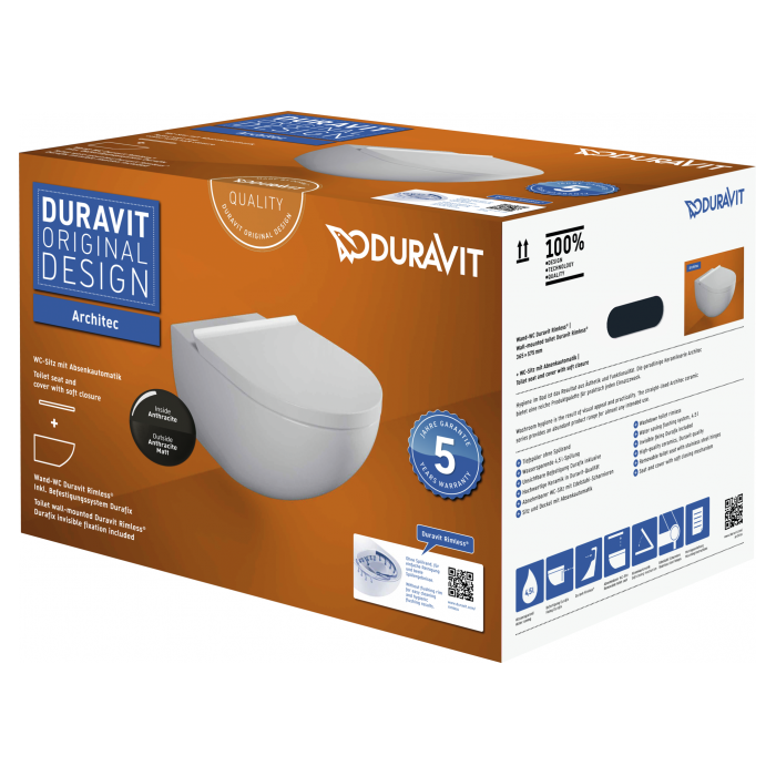 Pakabinamas unitazas DURAVIT Architec Rimless su Soft close dangčiu, 45726989A1