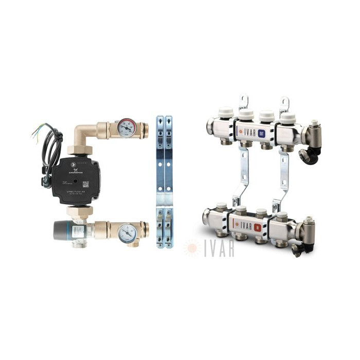 Reguleeritav põrandaküttekollektor IVAR 13 rõngad ilma voolumõõturiteta, koos segamisseadmega