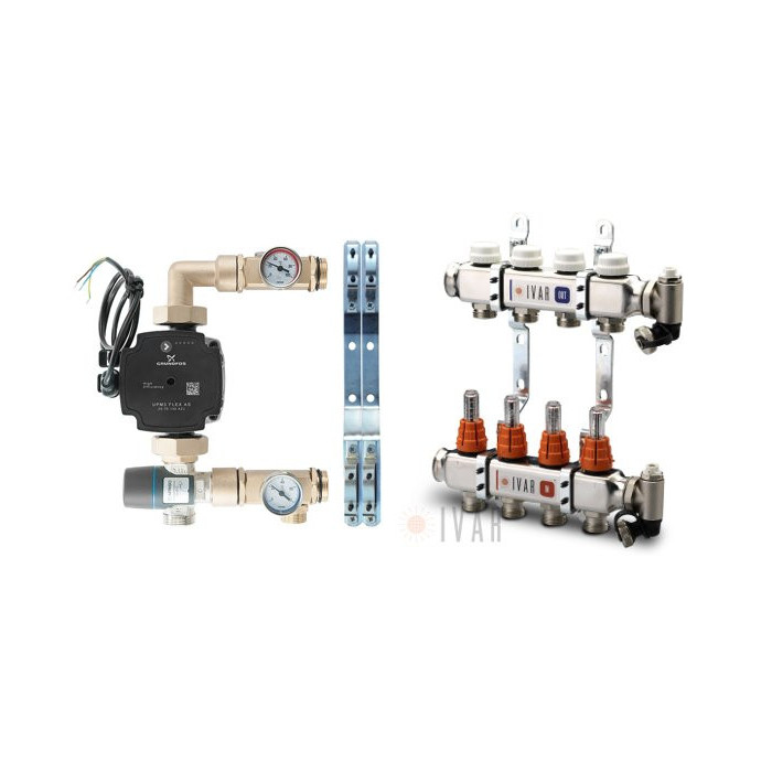 Regulējams grīdas apsildes kolektors IVAR 8-gredzens ar plūsmas mērītājiem, komplektā ar maisīšanas ierīci