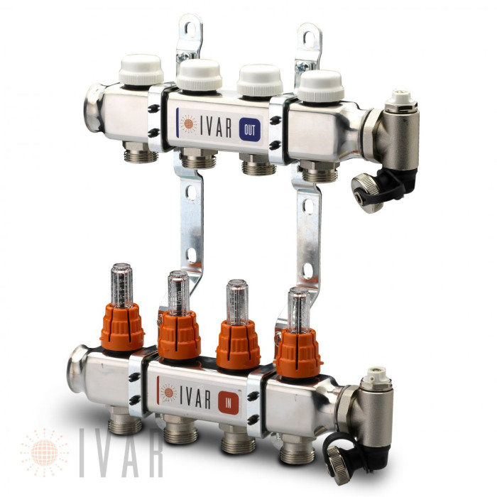Регулируемый коллектор теплого пола IVAR 8-кольцевой с расходомером, в комплекте со смесительным узлом