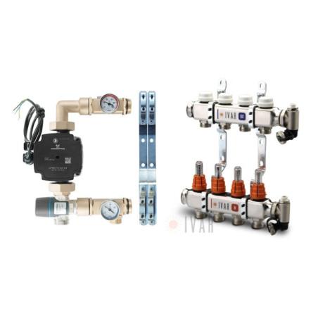 Reguleeritav põrandaküttekollektor IVAR 6-rõngas koos voolumõõturitega koos segamisseadmega