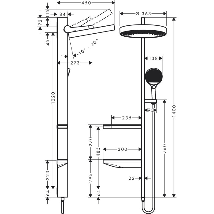 Pirmssienas termostata duša 4 in 1 komplekts HANSGROHE Rainfinity Showerpipe 360 1jet, hroma