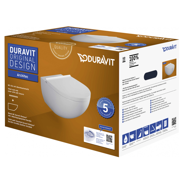Peatatud WC DURAVIT Architec Rimless pehme suletava kaanega, 45726900A1