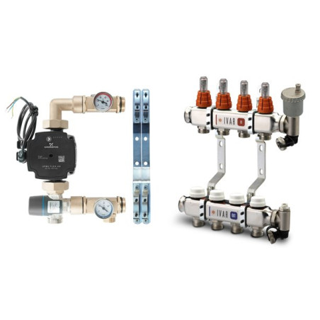 Adjustable underfloor heating manifold IVAR 3-ring with flow meters, complete with a mixing unit