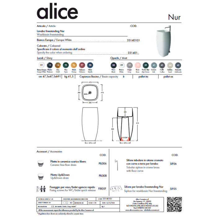 Brīvi stāvoša izlietne ALICE CERAMICA Nur (spalvu izvēle)