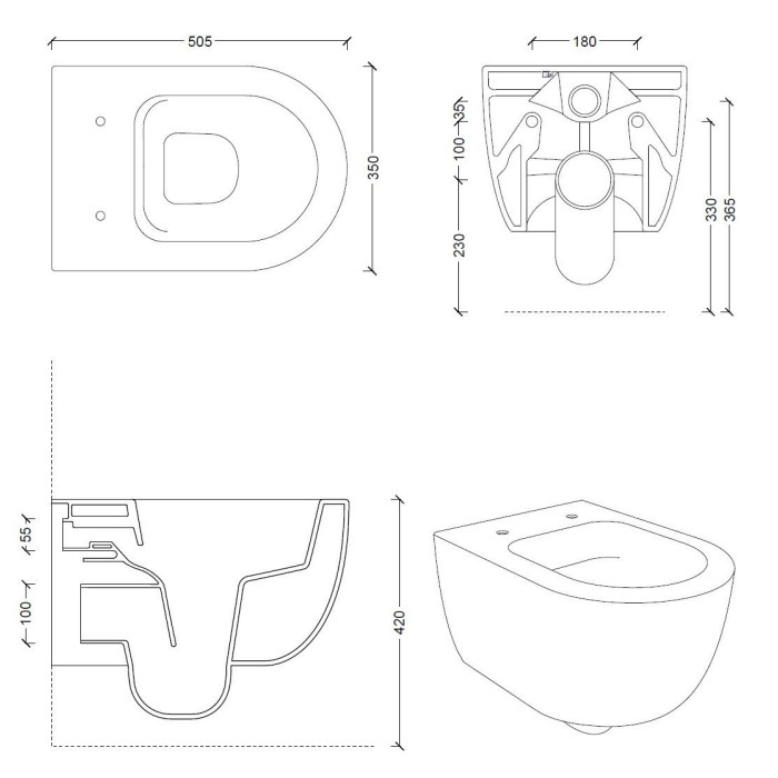 Suspended toilet ALICE CERAMICA Unica Rimless 50 x 35 cm with Slim Slow close lid, black-matte