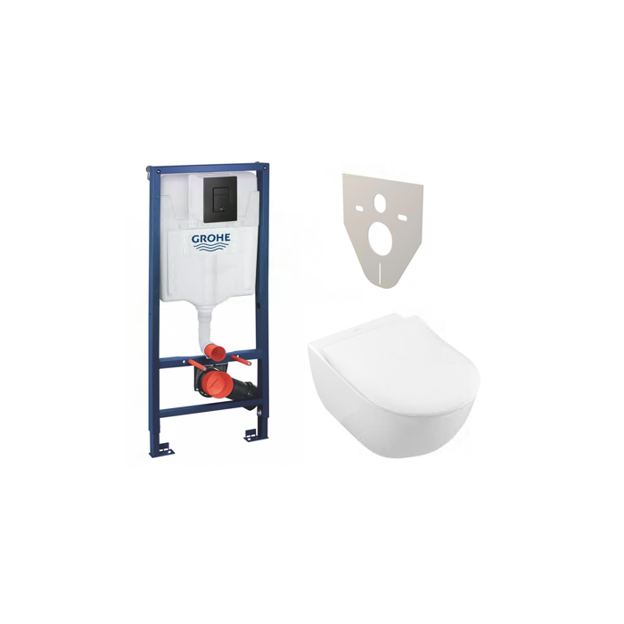 Priekšsienas WC rāmis GROHE Solido ar melnu pogu Even + VILLEROY & BOCH Subway 2.0 piekaramie tualetes komplekti (6 in 1)