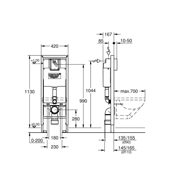 Priekšsienas WC rāmis GROHE 42 cm plats, 38675001