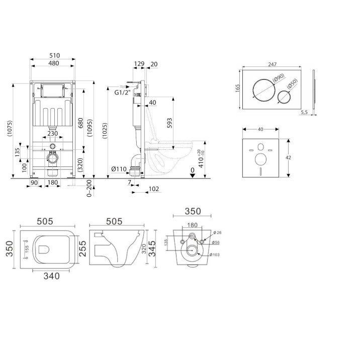 Priekšsienu universālā tualetes (WC) rāmja komplekti EU (4 in 1) + piekaramā tualete EU Square Rimless ar plānu Soft Close pārkl