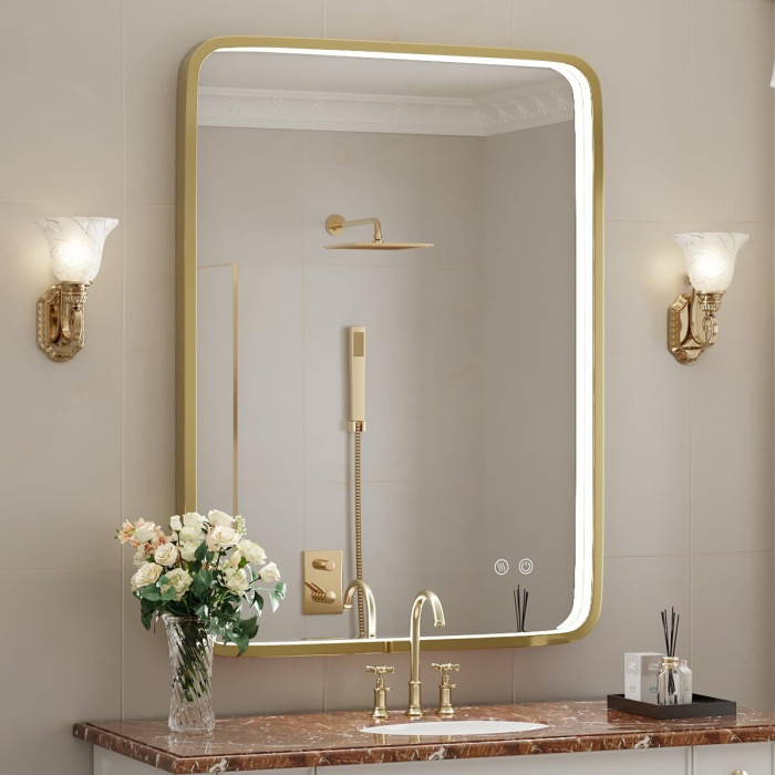 Spogulis ar LED strūklu 60 x 80 cm attālumā no izlocīta zelta rāmja