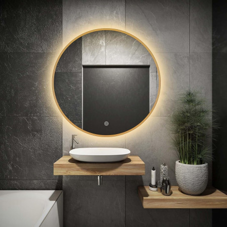 Spogulis ar LED spļāvienu 60 x 60 cm attālumā no izplestiem zelta rāmjiem