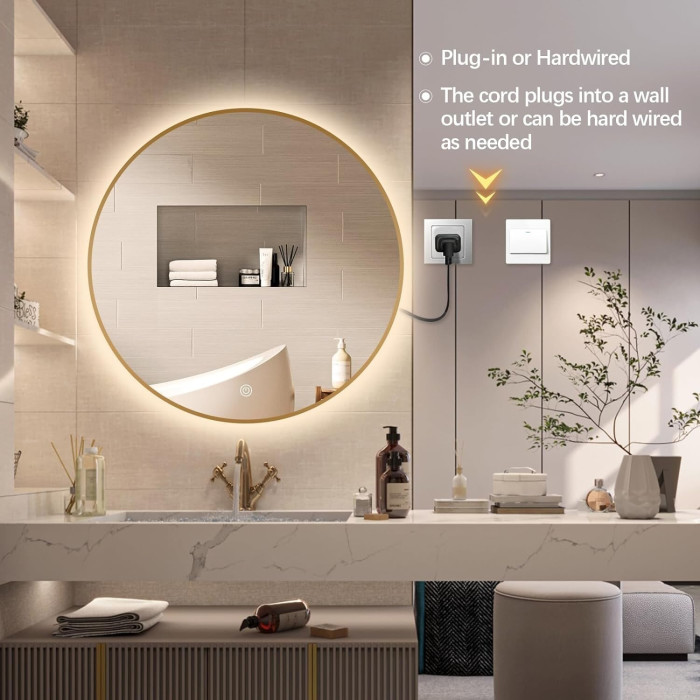 Spogulis ar LED spļāvienu 60 x 60 cm attālumā no izplestiem zelta rāmjiem