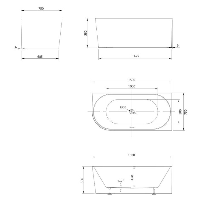 Acrylic freestanding bath AQUALINE Tibera R 150 x 75 cm, right
