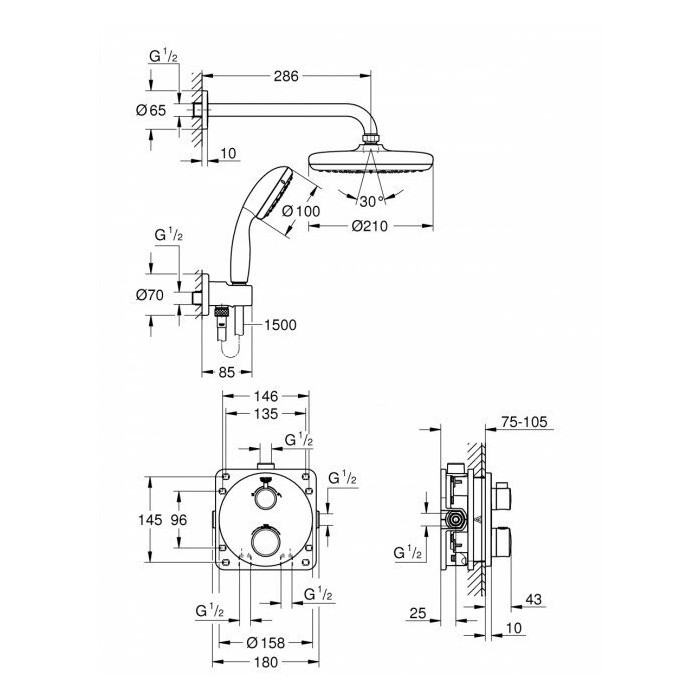 Potinkinis dušo komplektai GROHE Grohtherm Tempesta 210