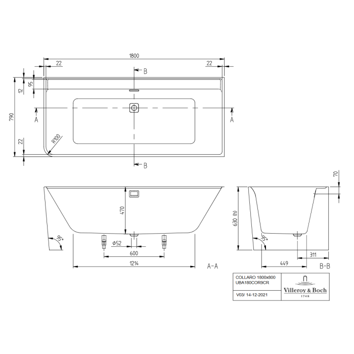 Acrylic freestanding bathtub VILLEROY & BOSH Collaro (right) 790 x 1790 mm, UBA180COR9CR00VD01