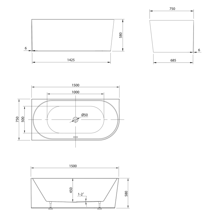 Acrylic freestanding bath AQUALINE Tibera L 150 x 75 cm, left E1046