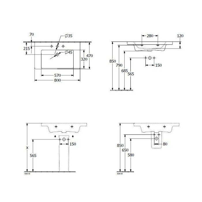 Praustuvas VILLEROY & BOCH Subway 3.0 su persipylimu, 800 x 470 mm
