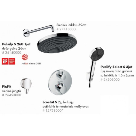 Seinale paigaldatav termostaatdušš 7 in 1 komplekt HANSGROHE Ecostat S koos Pulsify S 260 dušiotsikuga on sidemetest ajutine, 