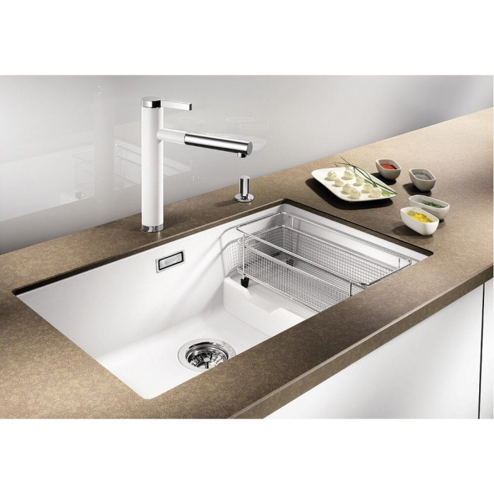 Kitchen (sink) faucet with retractable hose BLANCO Linee-S, white / chrome plated
