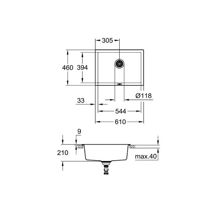 Composite sink GROHE K700U 610x460 mm granite black, 31655AP0